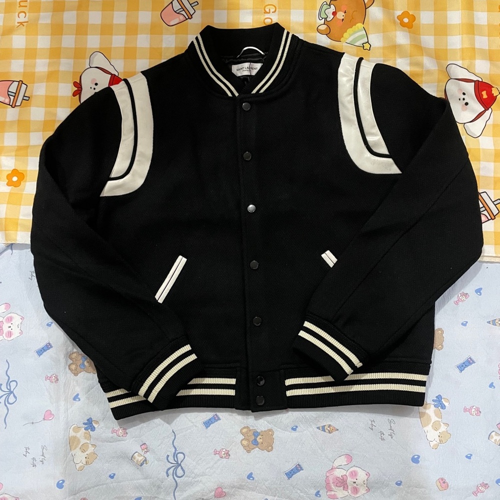 Saint Laurent Black and White Varsity Bomber Jacket